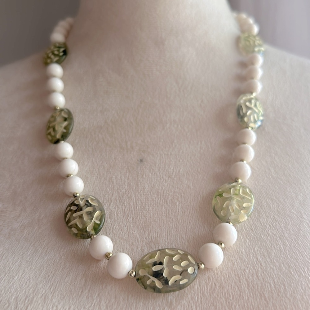Vintage Cream and Green Beaded Necklace